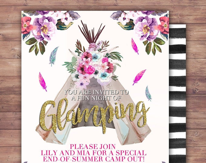 Glamping invite, Sleepover, camping, Teepee Birthday Invitation, pow wow, BOHO, Tribal, first birthday, 1st birthday, sleepover party