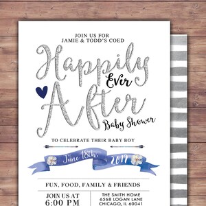 Puede incluir: Una invitación a un baby shower con un diseño de acuarela azul y blanco. La invitación dice "Happily Ever After Baby Shower" e incluye la fecha "June 18th, 2017".