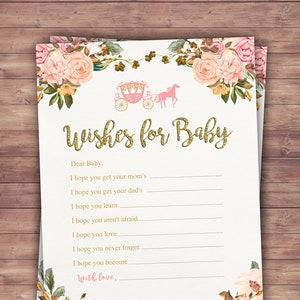 Tarjeta de deseos de Baby Shower, deseos para bebé, Princess Baby Shower, juego Pink Gold Glitter Princess Baby Shower