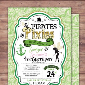Puede incluir: Una invitación verde y dorada para una fiesta de cumpleaños de 4 años con el tema "Piratas y Hadas". La invitación presenta un barco pirata, un ancla, un hada y el texto "¡Por favor, únase a nosotros para la celebración del 4º cumpleaños de Sawyer & Sydney!" Sábado, 24 de septiembre. Navegue o vuele a las 11:00 AM. www.lyonsprints.com