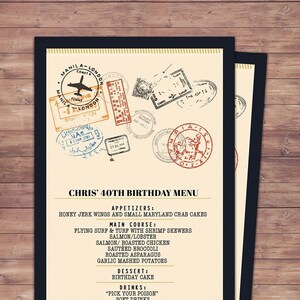 Menu, Itinerary, passport, precious cargo,, travel theme, travel party, Graduation, baby shower, birthday, wedding, Digital files only