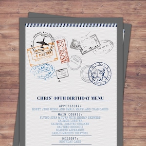 Menu, Itinerary, passport, precious cargo,, travel theme, travel party, Graduation, baby shower, birthday, wedding, Digital files only