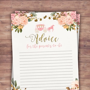 Tarjeta de consejos para baby shower, consejos para futuros padres, Princess Baby Shower, juego Pink Gold Glitter Princess Baby Shower