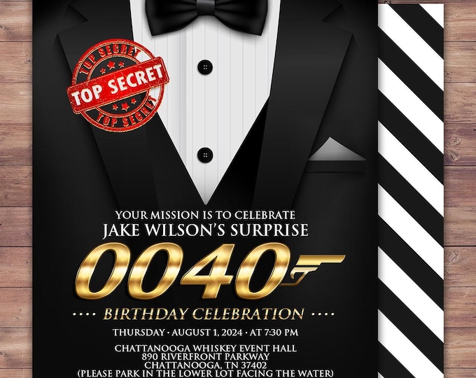 Tuxedo birthday party invite, secret agent, detective invite, suit birthday invite, black tie, Aged to perfection invite