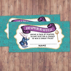 Diaper raffle, diaper request, Tea Party, Wonderland, baby shower, co-ed baby shower shower game