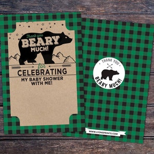 Shower de bébé, merci, fichier numérique uniquement, carte de remerciement de bûcheron, anniversaire de bûcheron, Buffalo Plaid Woodland. ours carte de remerciement