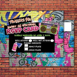 Hip Hop, RSVP-kaart, Graffiti, throwback party, sweet 16, Fresh Prince, 90s party, 80s party, Hiphop thema