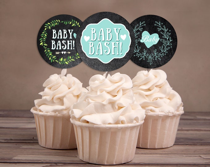 Cupcake Toppers, Floral, rustic, BOHO, BabyQ chalkboard couples co-ed Baby Shower BBQ, baby is brewing, baby girl shower