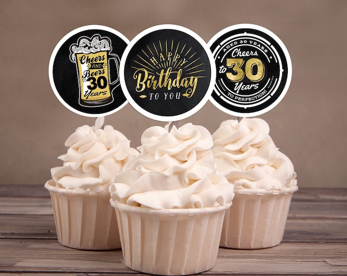 Birthday party decorations - Cupcake toppers - Cheers to 30 years - Cheers & Beers - Instant download party decor for him or her