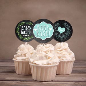 Cupcake Toppers, Floral, rustic, BOHO, BabyQ chalkboard couples co-ed Baby Shower BBQ, baby is brewing, baby girl shower