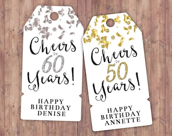 Favor tags, Retirement party, Birthday party,Cheers, 21st, 30th, 40th, 50th, 60th, 70th, confetti and glitter, Gold, Silver