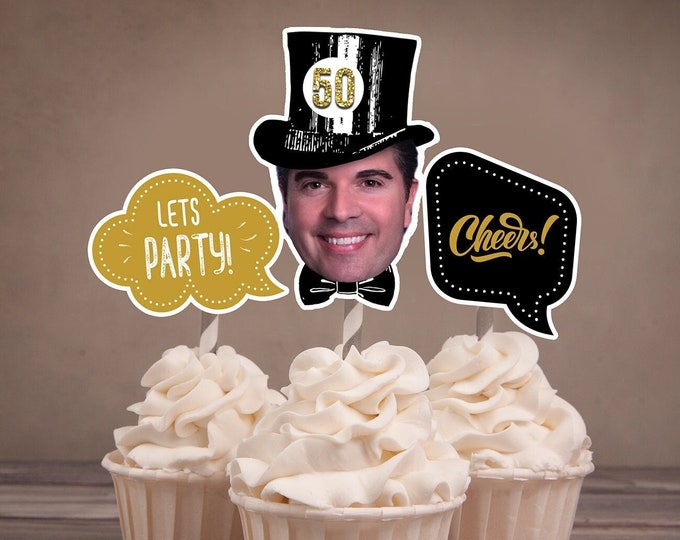 Photo Cupcake Toppers, cheers and beers, 30th, 40th, 50th, 60th, 75th, birthday,Surprise Birthday Party, cheers and beers, printable file