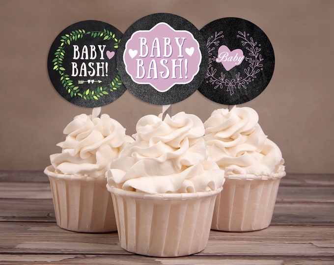 Cupcake Toppers, Floral, rustic, BOHO, BabyQ chalkboard couples co-ed Baby Shower BBQ - baby is brewing, baby girl shower