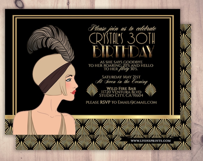 Great Gatsby birthday invitation, Roaring 20's, Hollywood film theme party invite. Black and gold glam printable digital invite, glam,