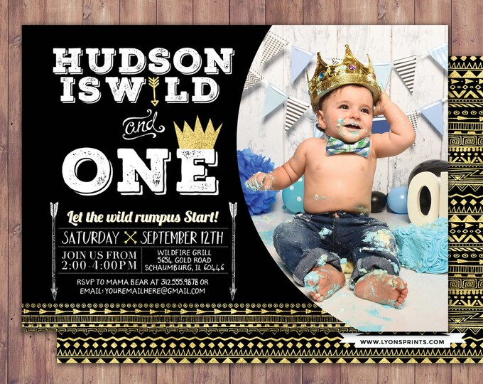 Wild one Birthday Invitation, Wild thing birthday Invite, invitation, arrow, pow wow, BOHO, Tribal, first birthday, 1st birthday, Gold