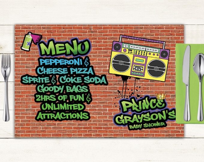 Fresh Prince baby shower digital Placemat design, Menu, Hip Hop party decor, Party Table Decor, graffiti decor, 90s party, printable