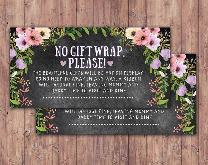 No gift wrap insert request, Floral, rustic, BOHO, BabyQ, chalkboard, Co-ed Baby Shower, BBQ, babyq, baby boy, baby girl, shower game