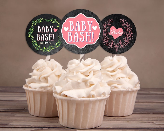 Cupcake Toppers, Floral, rustic, BOHO, BabyQ chalkboard couples co-ed Baby Shower BBQ, baby is brewing, baby girl shower