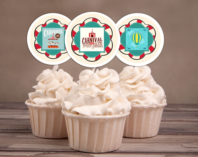 Carnival Cupcake Toppers, Circus Cupcake Toppers, Custom Cupcake Toppers, Vintage Circus, Baby Shower, Party Favor, Birthday Party