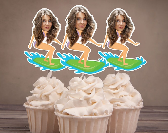 Digital  Photo Cupcake Toppers, Surfs up, Surfer cupcakes, Tiki party, Pool party, Surfing party, Surfing decor, Hawaii