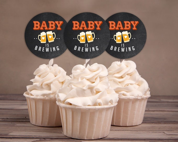 Baby is brewing, cupcake toppers, Coed baby shower, Beer baby shower, couples baby shower BBQ, retro, beer tasting, printable files