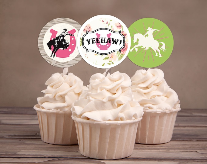 Cupcake toppers, Western, cowboy, cowgirl, birthday, Western birthday, Rodeo, thank you, horse, circus, barn. Rodeo