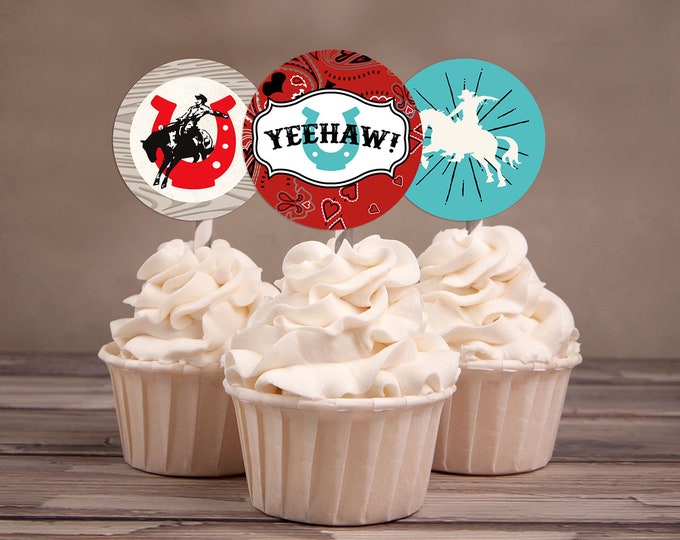 Cupcake toppers, Western, cowboy, cowgirl, birthday, Western birthday, Rodeo, thank you, horse, circus, barn. Rodeo