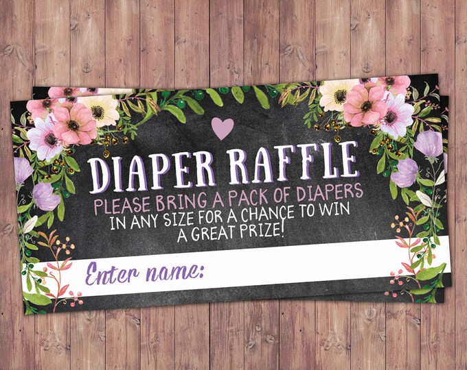 Diaper raffle insert, Floral, rustic, BOHO, BabyQ, chalkboard, Co-ed Baby Shower, BBQ, Baby-Q, baby boy, baby girl, shower game