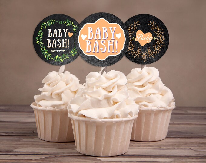 Cupcake Toppers, Floral, rustic, BOHO, BabyQ chalkboard couples co-ed Baby Shower BBQ, baby is brewing, baby girl shower