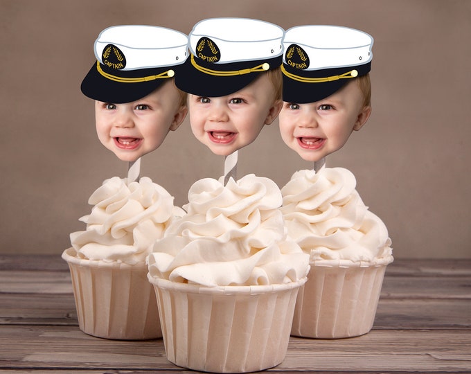 Photo Cupcake Toppers (Birthday Hat Design) Digital File - nautical, sailor, captain, boat, sailboat, fishing, Ahoy