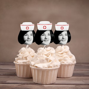 Digital Photo Cupcake Toppers, Nurse Retirement party, 30th,40th,50th,60,75,Surprise Birthday Party, adult birthday, decor, nursing