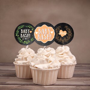 Cupcake Toppers, Floral, rustic, BOHO, BabyQ chalkboard couples co-ed Baby Shower BBQ, baby is brewing, baby girl shower