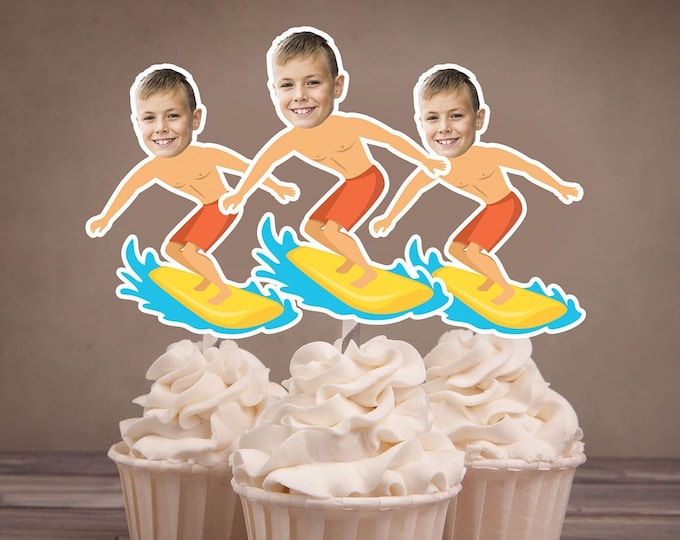 Digital  Photo Cupcake Toppers, Surfs up, Surfer cupcakes, Tiki party, Pool party, Surfing party, Surfing decor, Hawaii