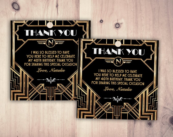 Great Gatsby birthday tag, Roaring 20's, Hollywood film theme party invite. Black and gold glam printable, glam, favor tag