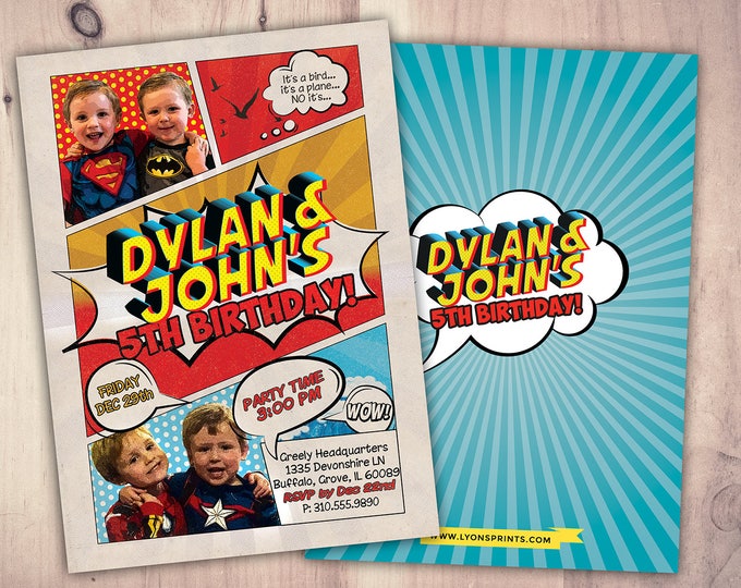 Twins, Superhero Invitation / Superhero birthday invite - DIY superhero birthday party printable, sleepover party, comic, boy birthday, hero