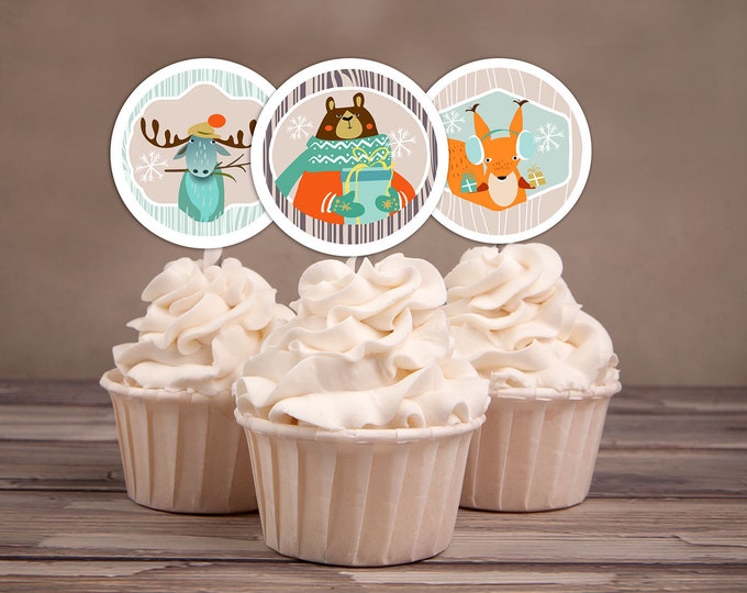 Woodland Cupcake Toppers Lumberjack birthday, cupcake toppers,Lumberjack, Rustic, Bear, woodland theme, winter onederland