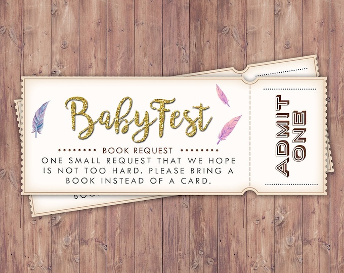 BOHO Book request insert, ticket, pow wow, BOHO, Tribal, baby shower game, baby shower, Gold glitter, music festival, Rock Star, Printable