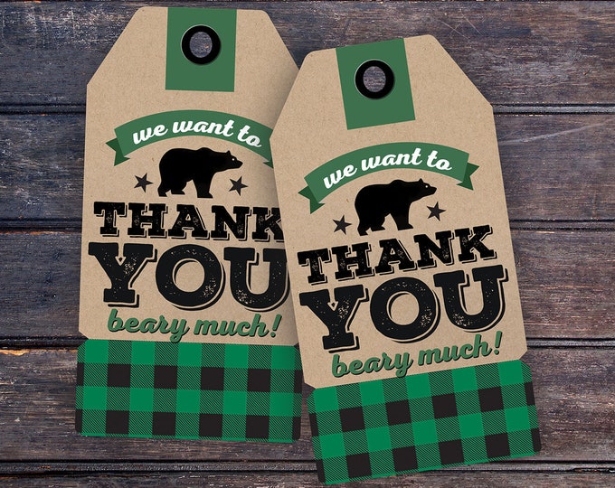 Lumberjack birthday, favor tag, Digital file only, Buffalo Plaid Woodland, Lumberjack party, Rustic, Gender Neutral, bear