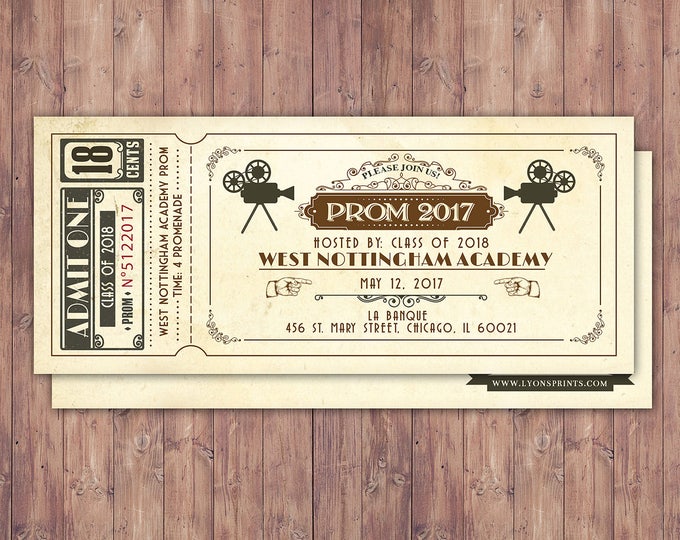 PROM, Art DecoVintage Retro Save the Date Ticket Announcement, wedding invitation, wedding shower, old Hollywood , Cinema,