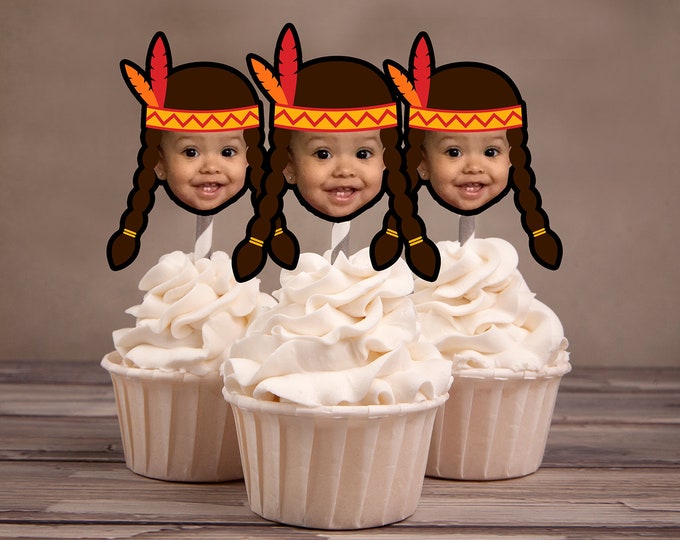 Photo Cupcake Toppers, Indian, chief, western,, first birthday, Thanksgiving, pow wow, party,Western  birthday, tribal theme,  Digital File