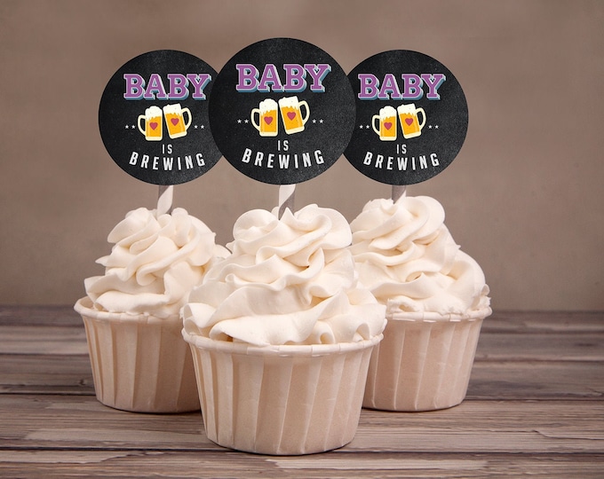 Baby is brewing, cupcake toppers Coed baby shower, Beer baby shower, couples baby shower BBQ, retro, beer tasting, printable files