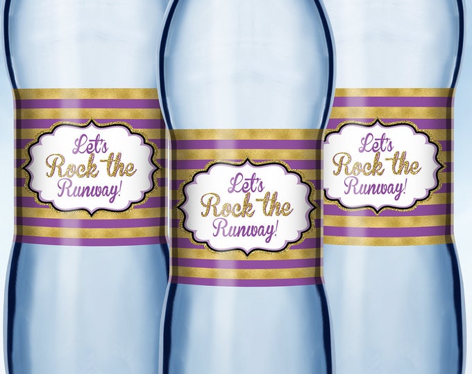 Rock the Runway water labels, fashion party decor- pop-star- rockstar party, fashion birthday, glitter, runway,