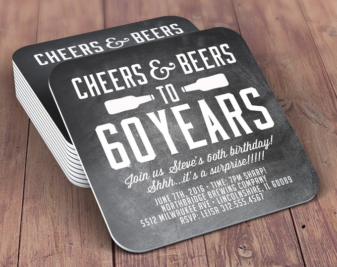 Digital logo file, Coaster, Cheers and Beers invitation, beer, 21st, 30th, 40th, 50th, 60th, 70th, Birthday Party, Surprise party, Milestone