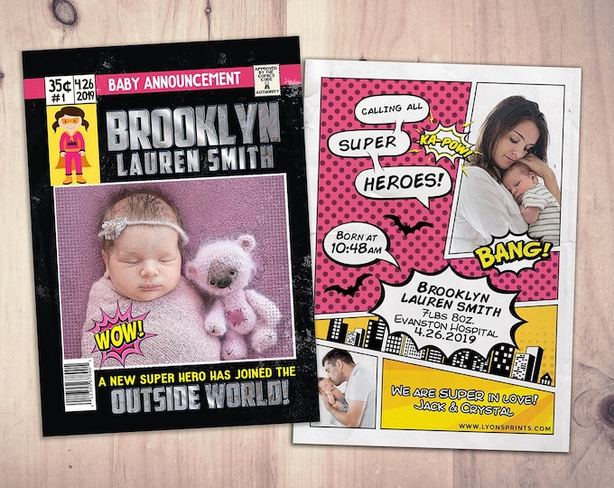 Superhero Custom Birth Announcement , comic birth announcement, baby boy, baby girl, super hero