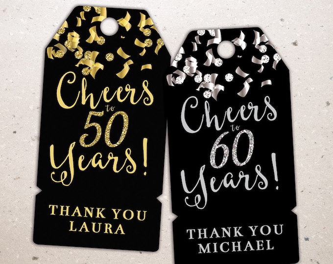 Favor tags, Retirement party, Birthday party,Cheers, 21st, 30th, 40th, 50th, 60th, 70th, confetti and glitter, Gold, Silver