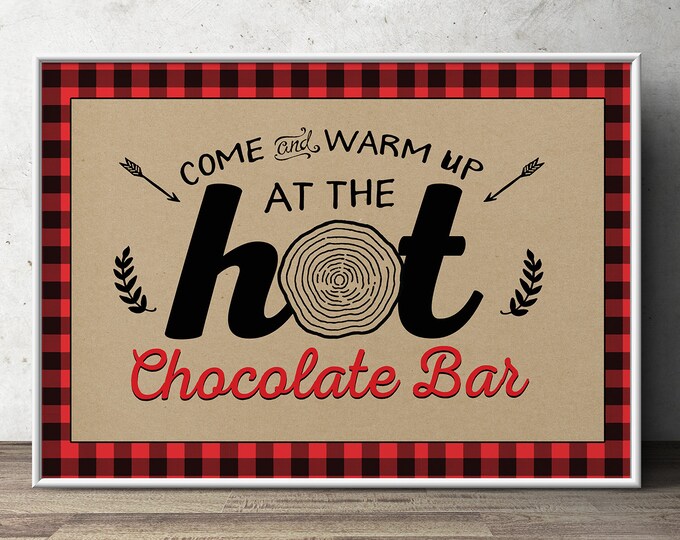 Hot chocolate bar, Lumberjack party, Woodland baby shower.Kraft, couple baby shower, hot cocoa, flannel, food tents, sign