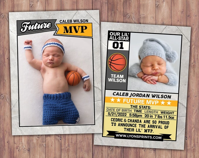 Baseball card, football, pregnancy announcement, birth announcement, basketball, baby boy, sports, baby shower, baby announcement