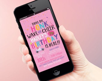 May include: A pink and white mobile phone screen displaying a birthday party invitation for Hadley's 7th birthday. The invitation features a drive-by party theme with a cartoon car and the text "Drive by, Honk, Wave and Cheer Hadley's 7th Birthday is here!!"