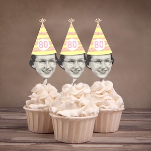 Digital File - Photo Cupcake Toppers (Birthday Hat Design) Color Coordinated with your Party Scheme, birthday decor, milestone birthday