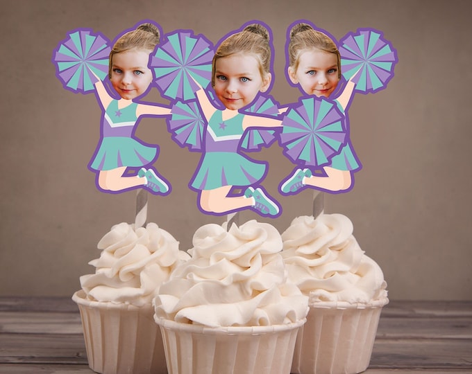 Cheerleader photo Cupcake Toppers, Digital File - Cheer birthday, Sports birthday, Sports theme, Cheerleader, pom poms